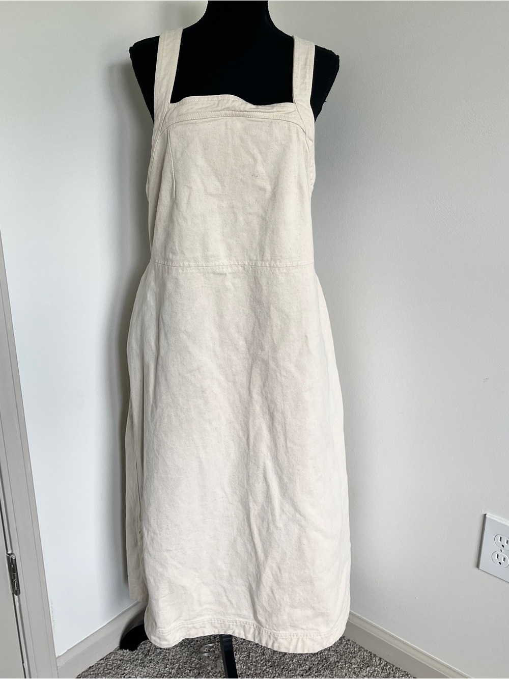H&M Cream Cotton Pinafore Midi Dress Open Back Cross Strap Overall Dress Size L